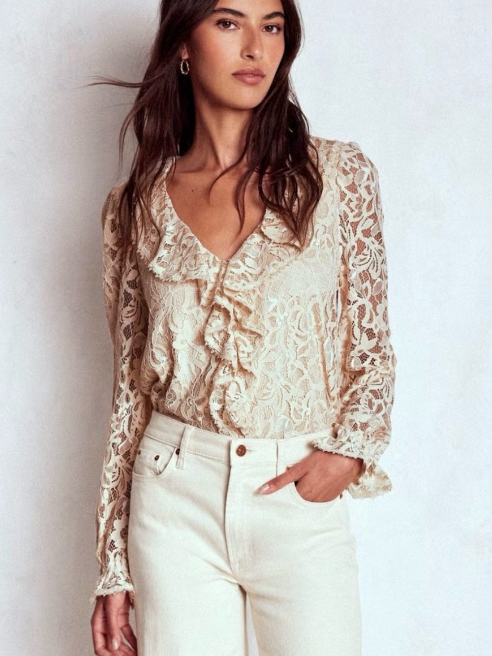 Boden Knit Lace Ruffle Top New with Tags US Size 8 Cream Victorian Romantic - Picture 5 of 13